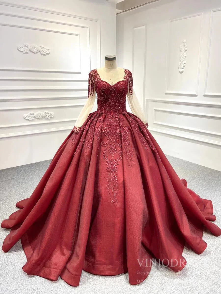 Quinceanera Dresses 2025 Burgundy Long Sleeve Princess Ball Gown Beaded Quinceanera Dresses viniodress-plus size wedding dresses Viniodress-Burgundy-Custom Size-