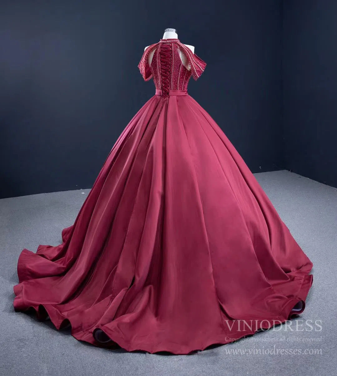 Quinceanera Dresses 2025 Burgundy Satin Ball Gown Cold Shoulder High Neck Quince Dress 67249 viniodress-plus size wedding dresses Viniodress-Burgundy-Custom Size-