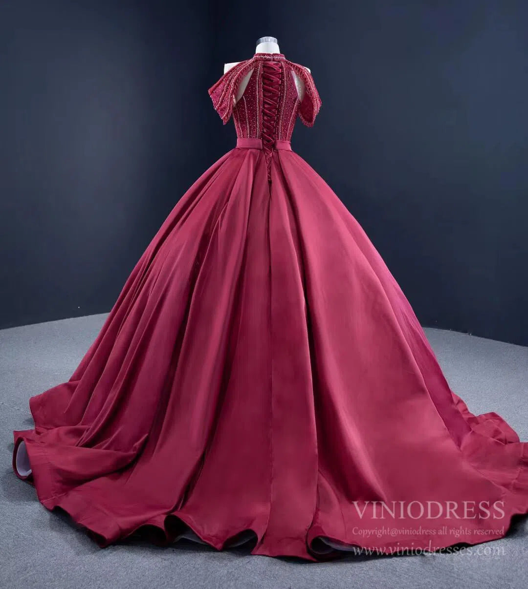 Quinceanera Dresses 2025 Burgundy Satin Ball Gown Cold Shoulder High Neck Quince Dress 67249 viniodress-plus size wedding dresses Viniodress-Burgundy-Custom Size-