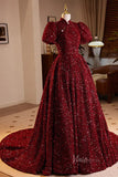 Prom Dress 2025 Burgundy Sequin Quinceanera Dresses Puffed Sleeve Formal Gown AD1058-unique Quinceanera Dresses-Burgundy-Custom Size-Viniodress