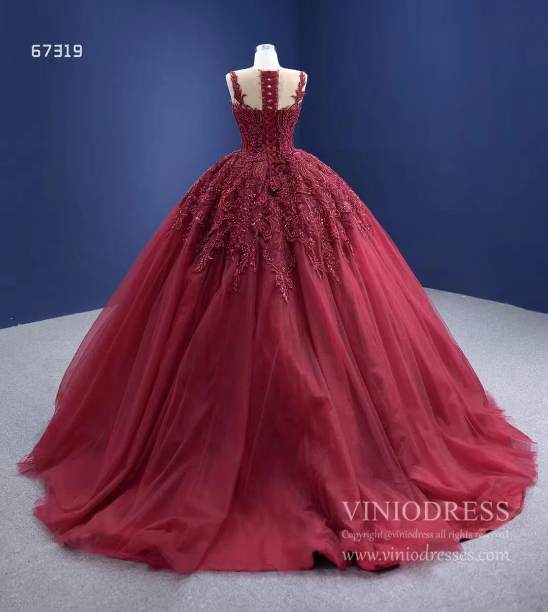 Quinceanera Dresses 2025 Burgundy Tulle Princess Gown Beaded Lace Quince Dresses Viniodress viniodress-plus size wedding dresses Viniodress-Burgundy-Custom Size-