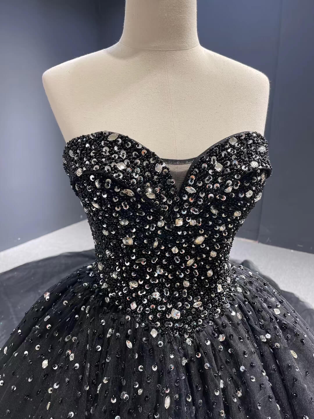 Prom Dress 2025 Cathedral Train Black Ball Gown Strapless Beaded Wedding Dresses 66818 viniodress-unique Quinceanera Dresses-Black-Custom Size-Viniodress