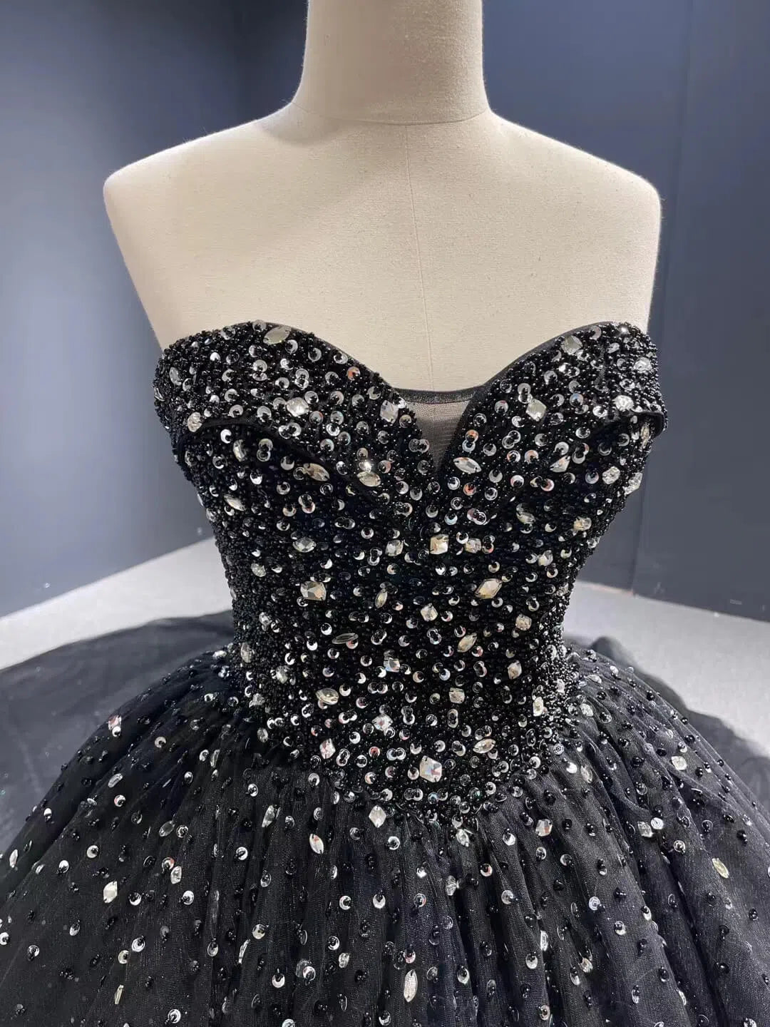 Quinceanera Dresses 2025 Cathedral Train Black Ball Gown Strapless Beaded Wedding Dresses 66818 viniodress-plus size wedding dresses Viniodress-Black-Custom Size-