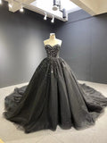 Prom Dress 2025 Cathedral Train Black Ball Gown Strapless Beaded Wedding Dresses 66818 viniodress-unique Quinceanera Dresses-Black-Custom Size-Viniodress