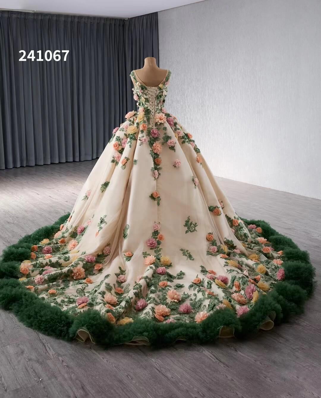 Champagne 3D Flower Wedding Gown Green Ruffled Quinceanera Dresses 241067 - ViniodressQuinceanera DressesGreenCustom Size - Formal Dresses - Ball Gowns