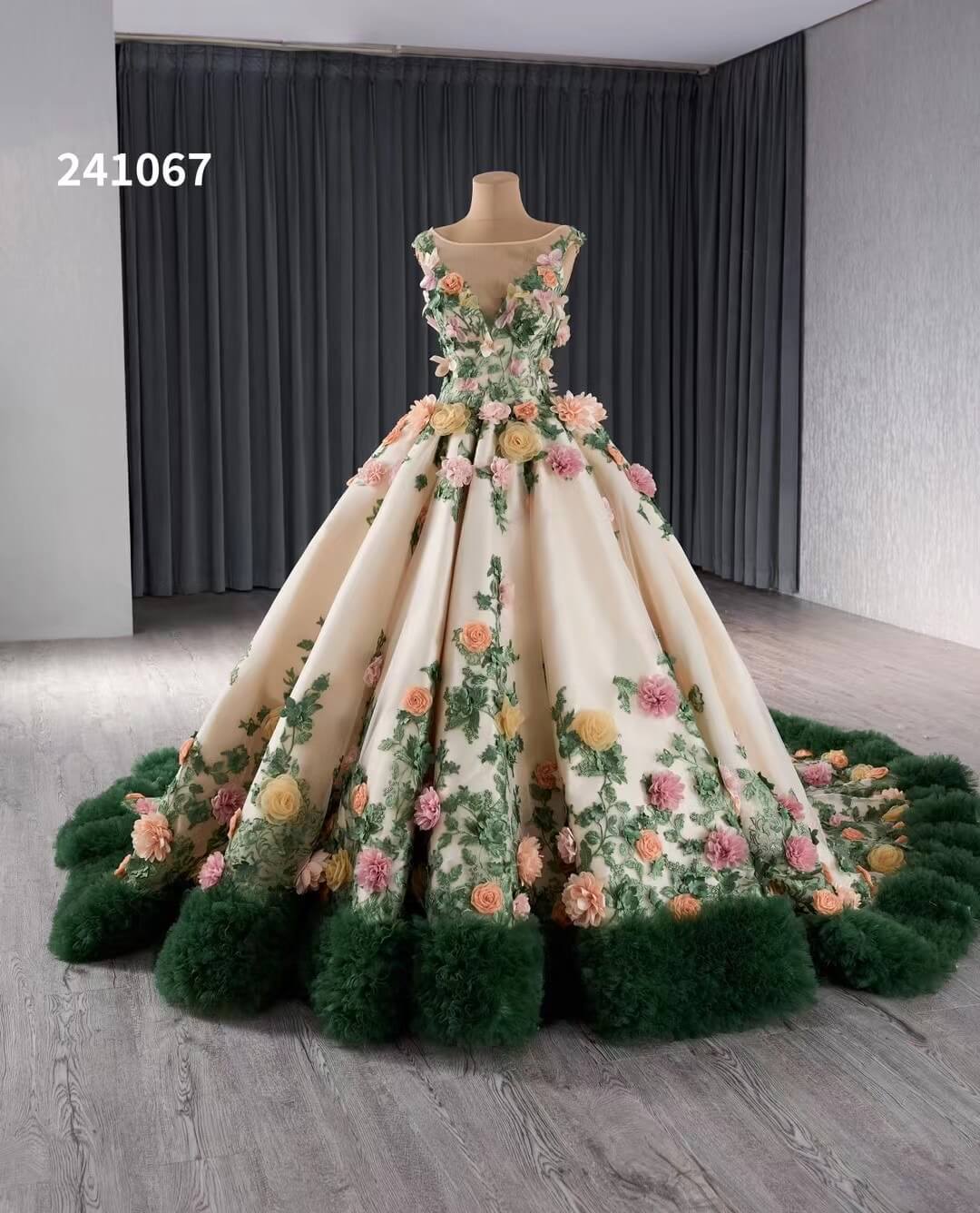 Champagne 3D Flower Wedding Gown Green Ruffled Quinceanera Dresses 241067 - ViniodressQuinceanera DressesGreenCustom Size - Formal Dresses - Ball Gowns