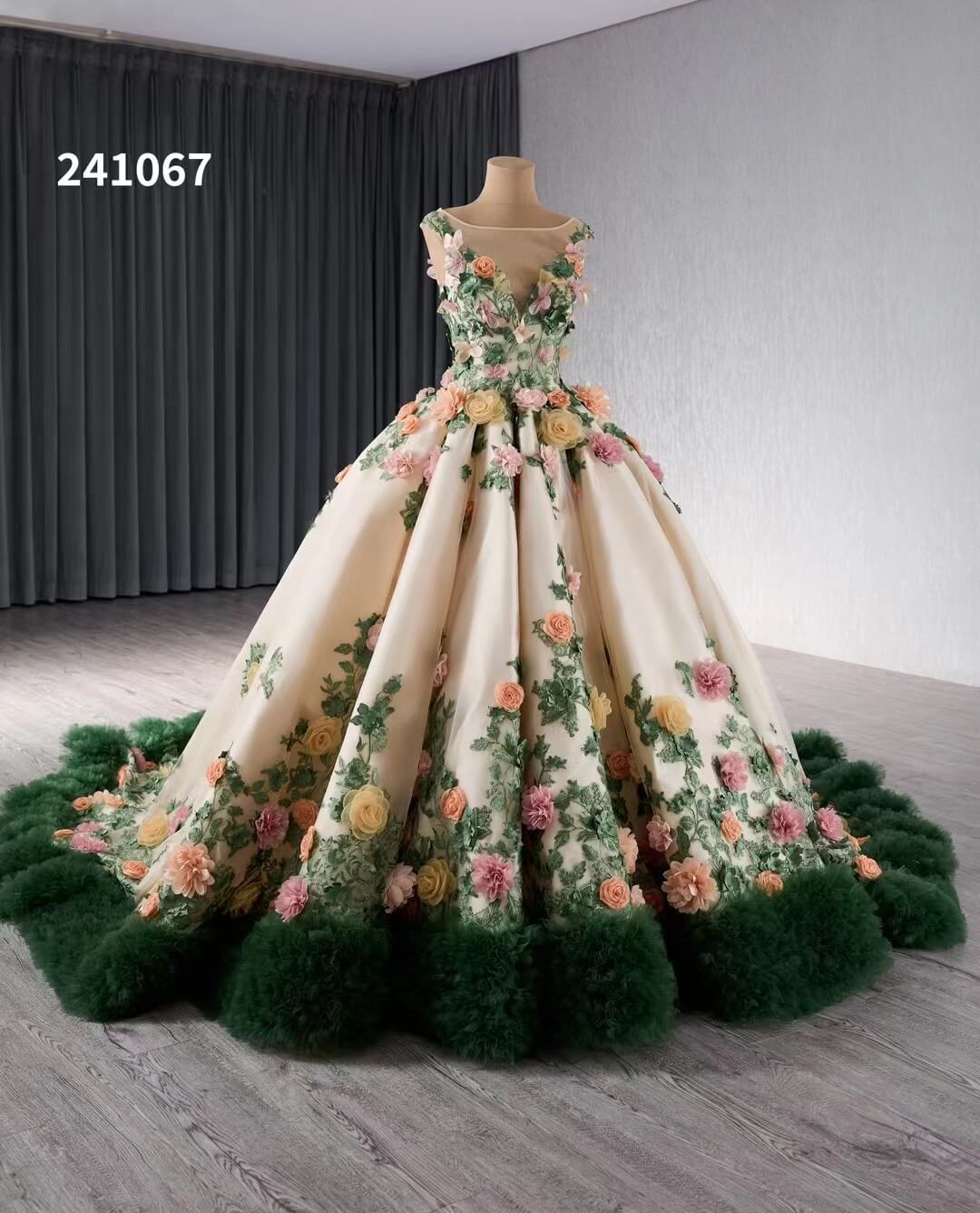 Champagne 3D Flower Wedding Gown Green Ruffled Quinceanera Dresses 241067 - ViniodressQuinceanera DressesGreenCustom Size - Formal Dresses - Ball Gowns