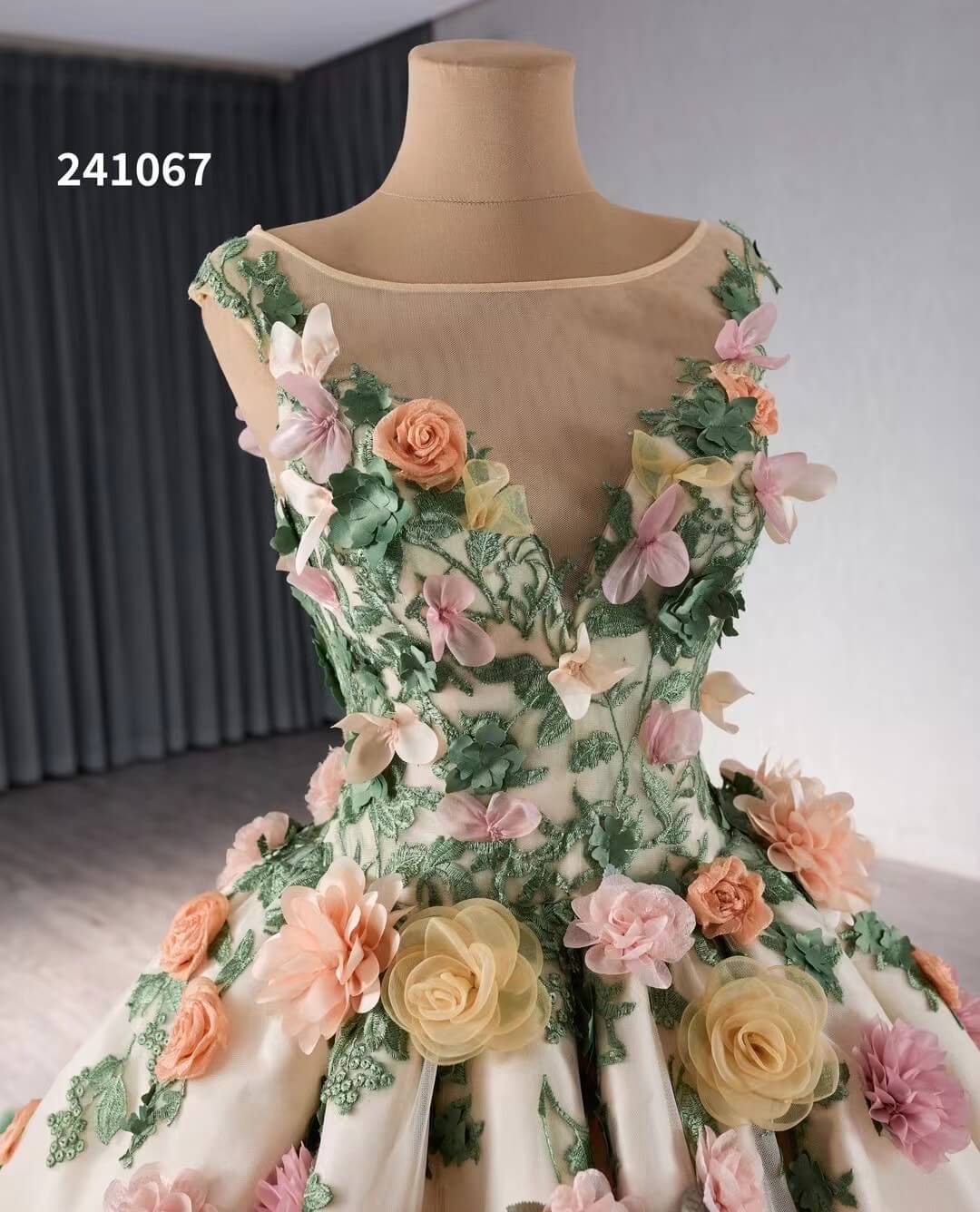 Champagne 3D Flower Wedding Gown Green Ruffled Quinceanera Dresses 241067 - ViniodressQuinceanera DressesGreenCustom Size - Formal Dresses - Ball Gowns