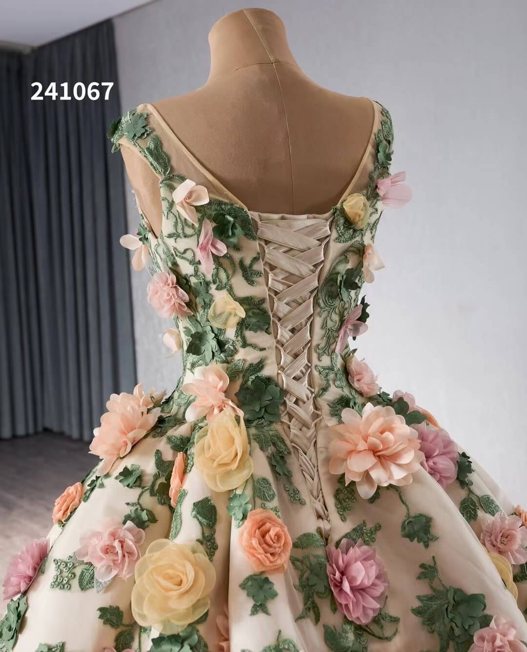 Champagne 3D Flower Wedding Gown Green Ruffled Quinceanera Dresses 241067 - ViniodressQuinceanera DressesGreenCustom Size - Formal Dresses - Ball Gowns