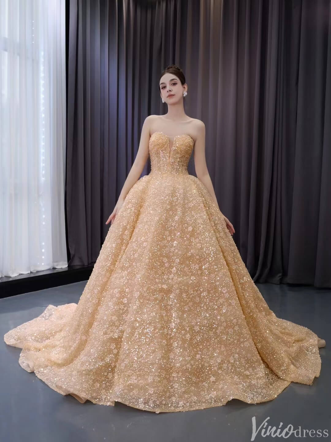 Champagne Beaded Floral Lace Wedding Gown Strapless Quinceanera Dress 241036 - ViniodressQuinceanera DressesChampagneCustom Size - Formal Dresses - Ball Gowns