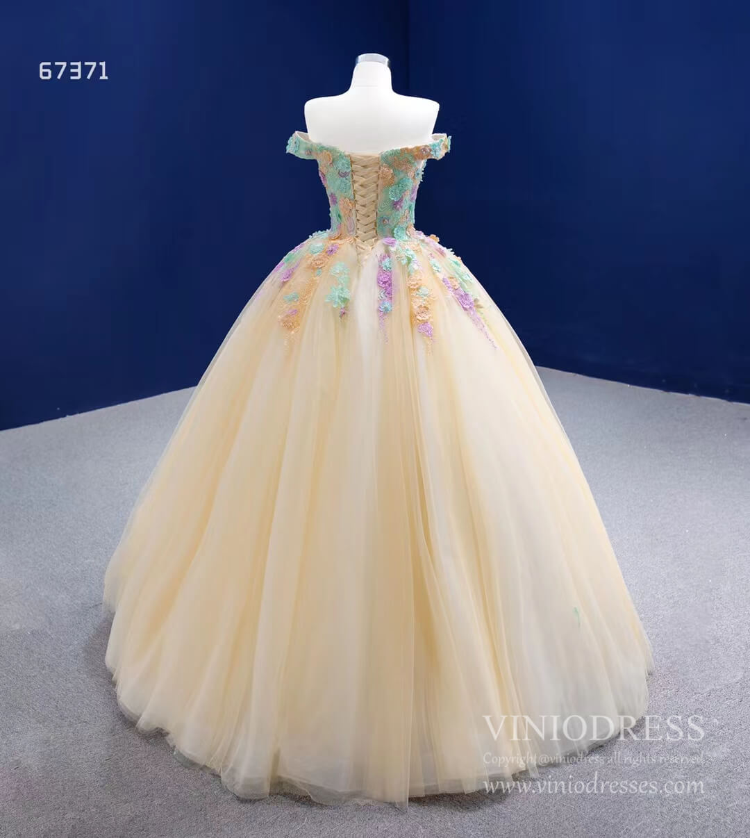 Prom Dress 2025 Cinderella Ball Gown Floral Off Shoulder Quince Dresses VINIODRESS viniodress-unique Quinceanera Dresses-Champagne-Custom Size-Viniodress