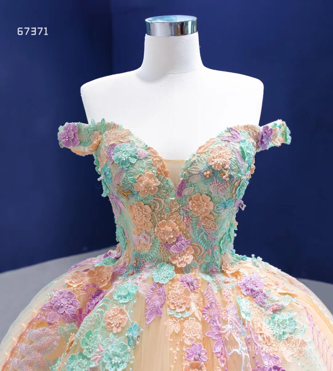 Prom Dress 2025 Cinderella Ball Gown Floral Off Shoulder Quince Dresses VINIODRESS viniodress-unique Quinceanera Dresses-Champagne-Custom Size-Viniodress