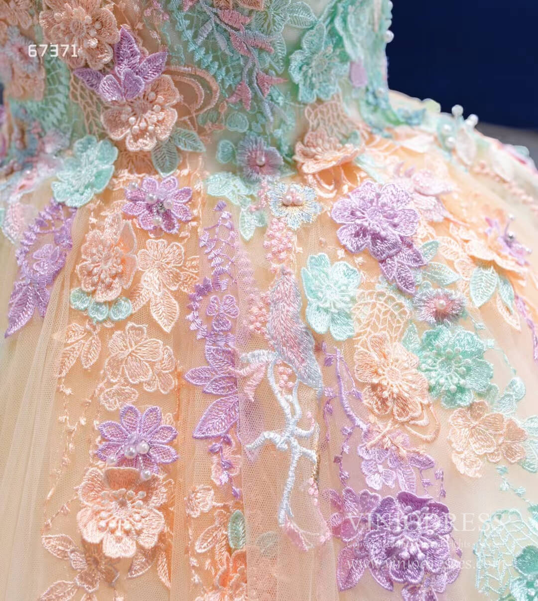 Prom Dress 2025 Cinderella Ball Gown Floral Off Shoulder Quince Dresses VINIODRESS viniodress-unique Quinceanera Dresses-Champagne-Custom Size-Viniodress