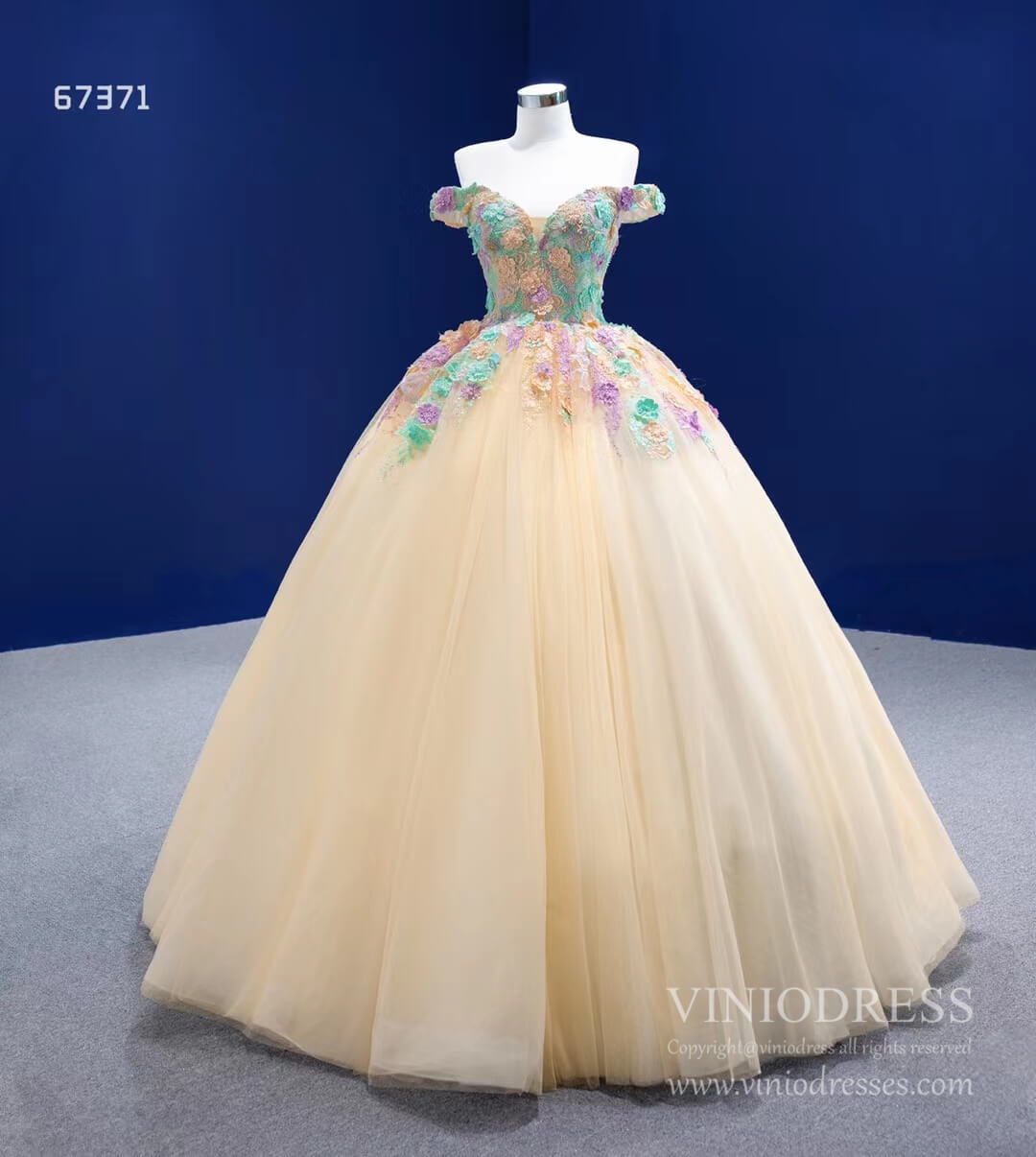 Prom Dress 2025 Cinderella Ball Gown Floral Off Shoulder Quince Dresses VINIODRESS viniodress-unique Quinceanera Dresses-Champagne-Custom Size-Viniodress