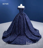 Dark Blue Ball Gown Wedding Dress Off the Shoulder Sweet 16 Dress 66742E-Quinceanera Dresses-Viniodress-Viniodress