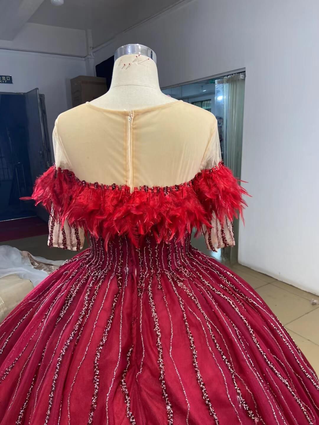 Dark Red Beaded Feather Ball Gown Wedding Dreses Plus Size Princess Dress 222232 - ViniodressQuinceanera DressesBurgundyCustom Size - Formal Dresses - Ball Gowns