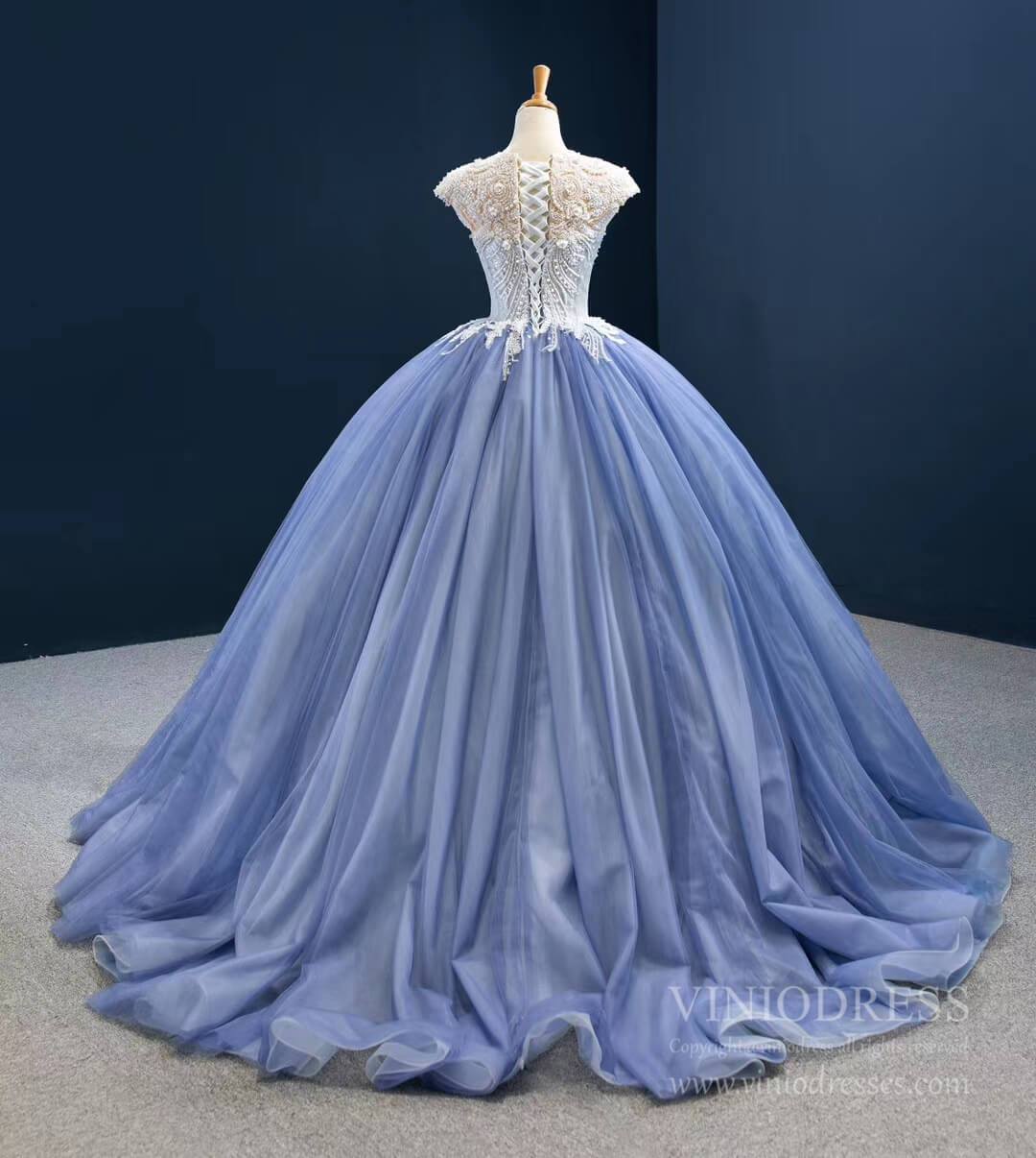 Prom Dress 2025 Dusty Blue Ball Gown Prom Dresses Beaded Formal Dress FD2445 viniodress-unique Quinceanera Dresses-Cap Sleeve-Dusty Blue-Custom Size-Viniodress