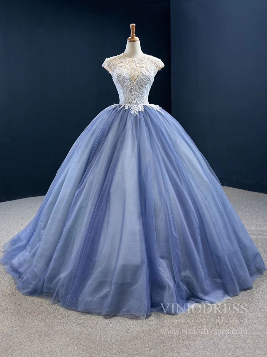 Prom Dress 2025 Dusty Blue Ball Gown Prom Dresses Beaded Formal Dress FD2445 viniodress-unique Quinceanera Dresses-Cap Sleeve-Dusty Blue-Custom Size-Viniodress