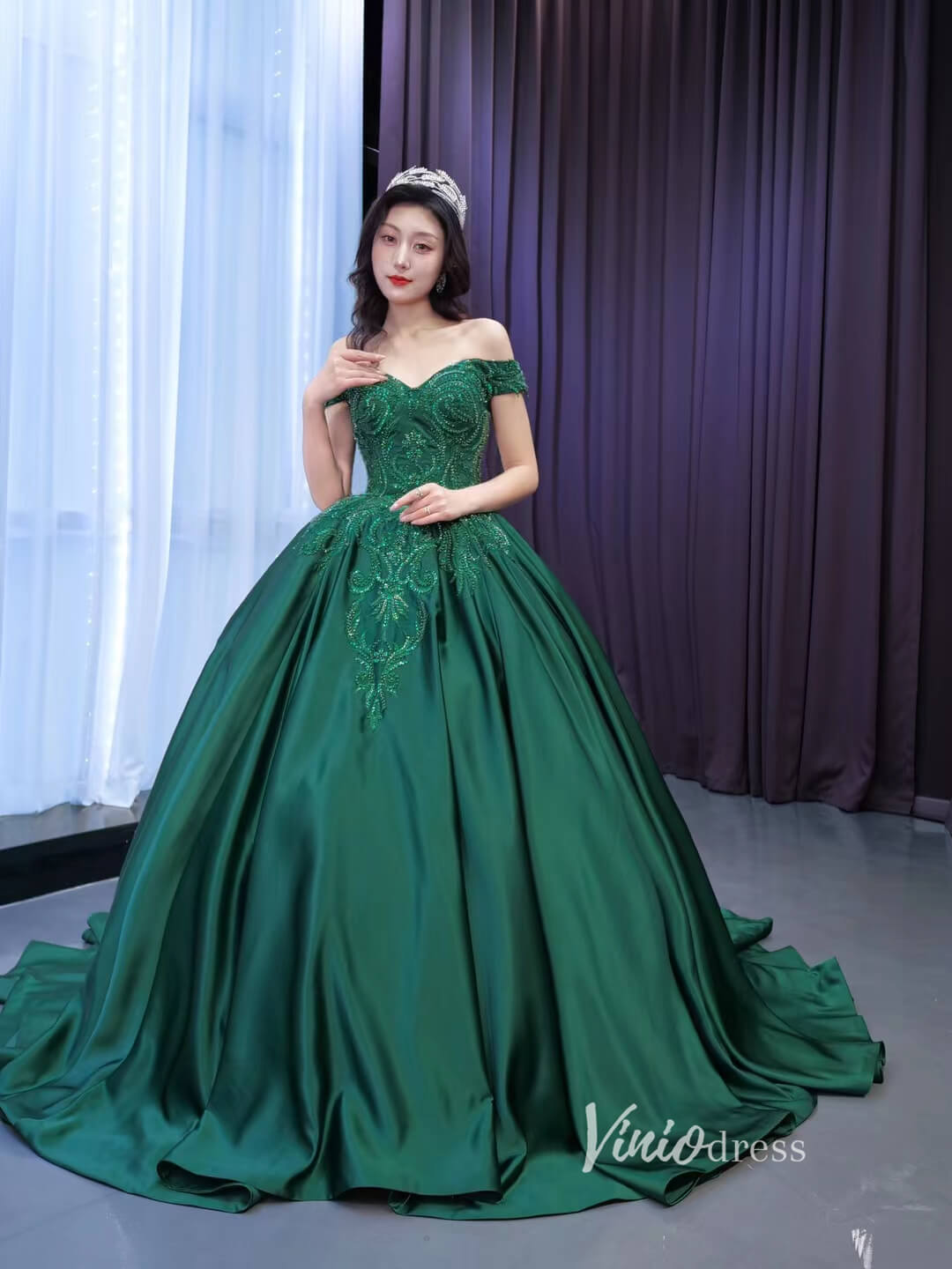 Emerald Green Ball Gown Satin Wedding Dresses 67533-Quinceanera Dresses-Viniodress-Emerald Green-Custom Size-Viniodress