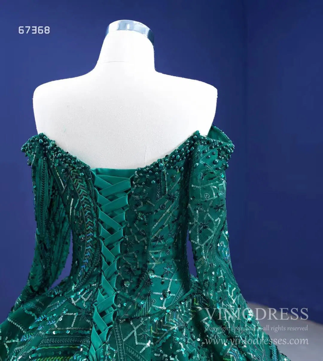 Prom Dress 2025 Emerald Green Sequin Lace Ball Gown Long Sleeve Wedding Dress 67368 viniodress-unique Quinceanera Dresses-Emerald Green-Custom Size-Viniodress