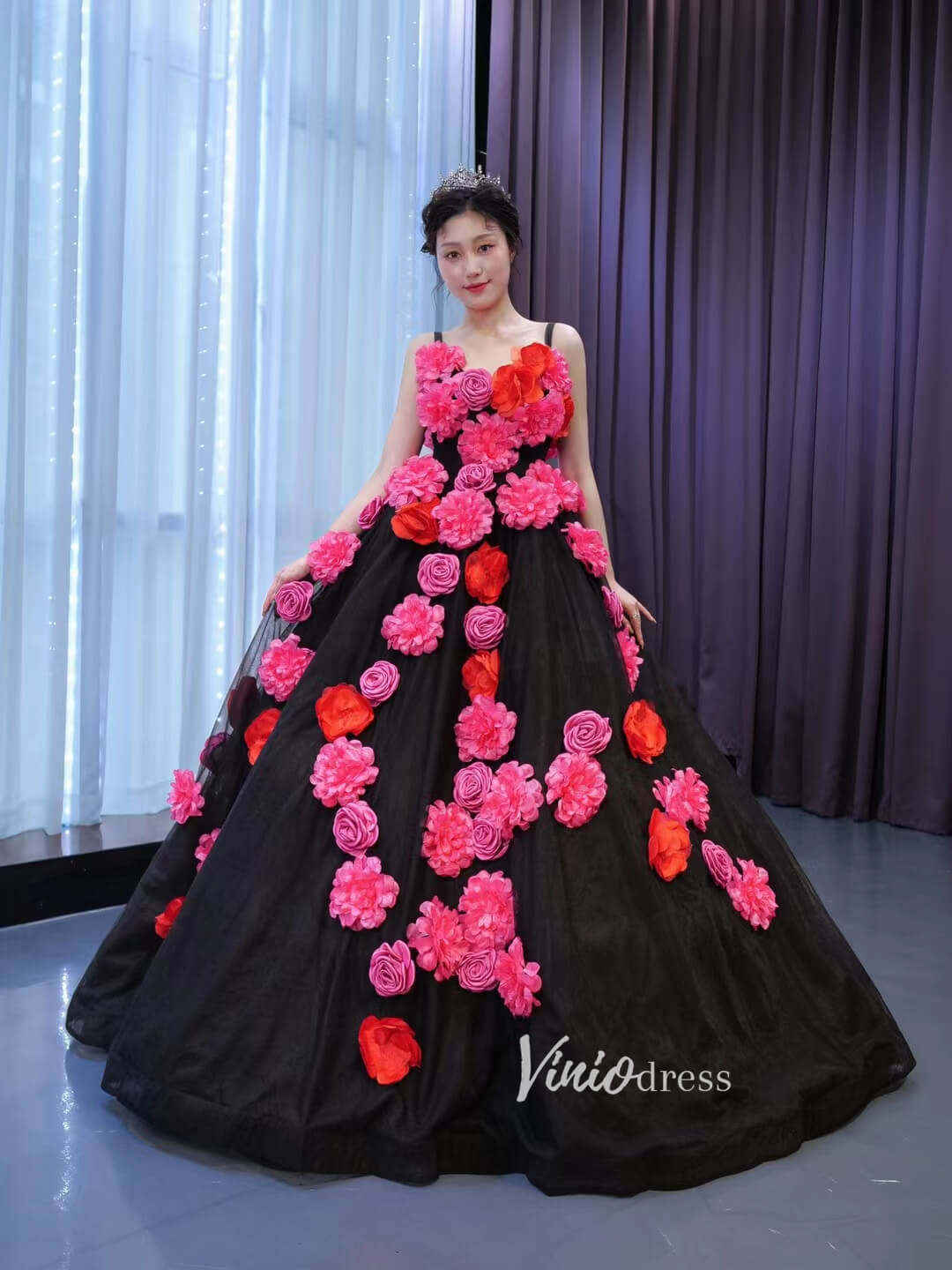 Flower Blooming Ball Gown Vintage Black Sweet 15 Dress Quince Dress 67505-Quinceanera Dresses-Viniodress-Black-Custom Size-Viniodress