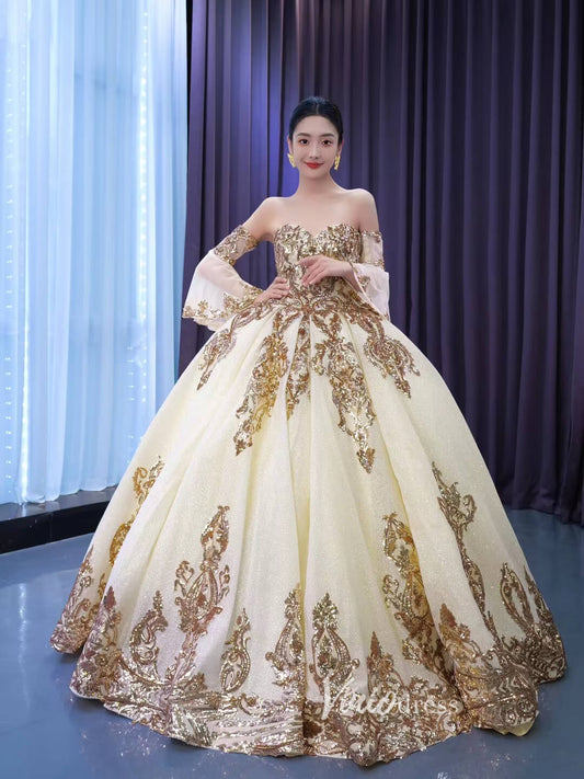 Gold Debut Ball Gown Cinderella Sweet 16 Dress Wedding Dresses 67563-Quinceanera Dresses-Viniodress-Gold-Custom Size-Viniodress