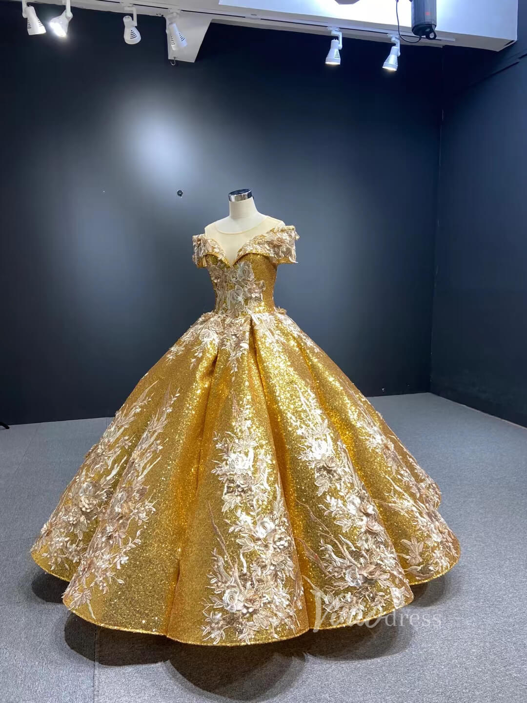 Prom Dress 2025 Gold Sequin Ball Gown 3D Flower Quinceañera Dresses 66536C Sheer Shoulder-unique Quinceanera Dresses-Gold-Custom Size-Viniodress