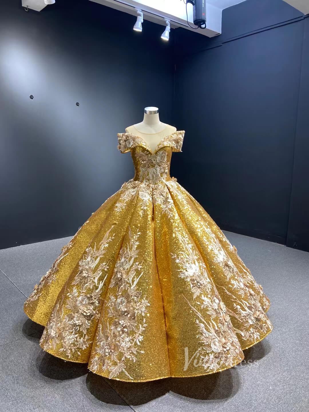 Prom Dress 2025 Gold Sequin Ball Gown 3D Flower Quinceañera Dresses 66536C Sheer Shoulder-unique Quinceanera Dresses-Gold-Custom Size-Viniodress