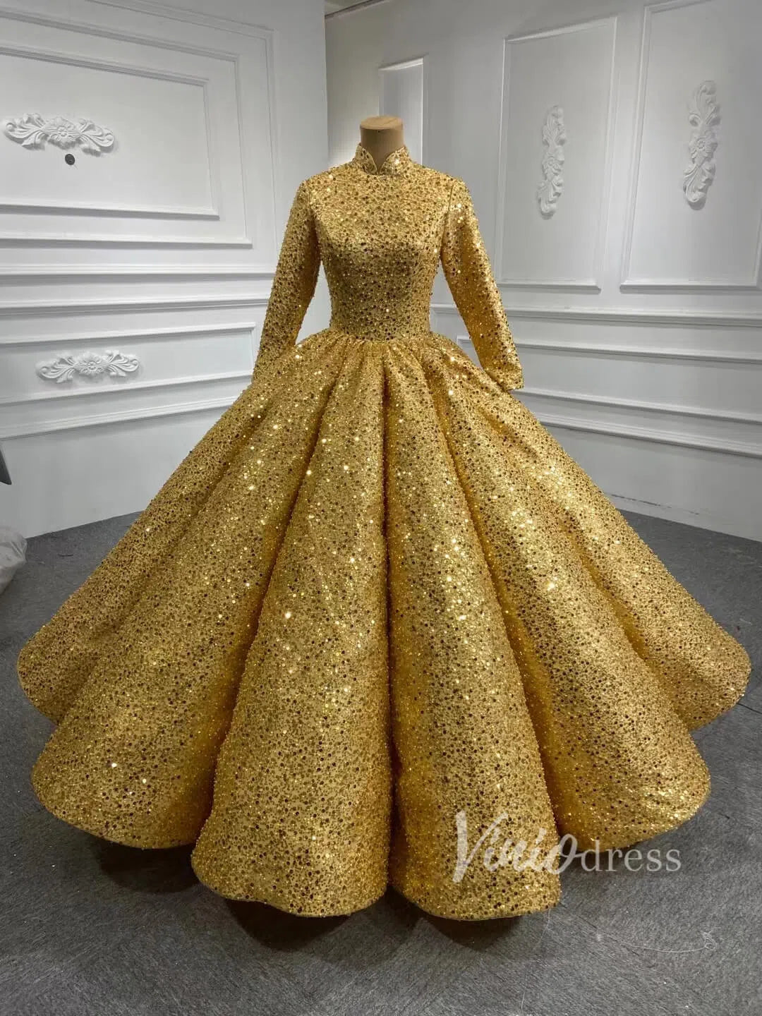 Quinceanera Dresses 2025 Gold Wedding Gown Long Sleeve High Neck 66991 Beaded Lace-plus size wedding dresses Viniodress-Gold-Custom Size-