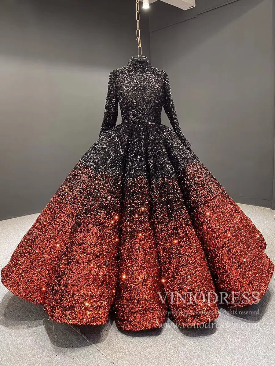 Quinceanera Dresses 2025 High Neck Ball Gown Wedding Dress with Sleeves 66991-plus size wedding dresses Viniodress-Black Red-Custom Size-