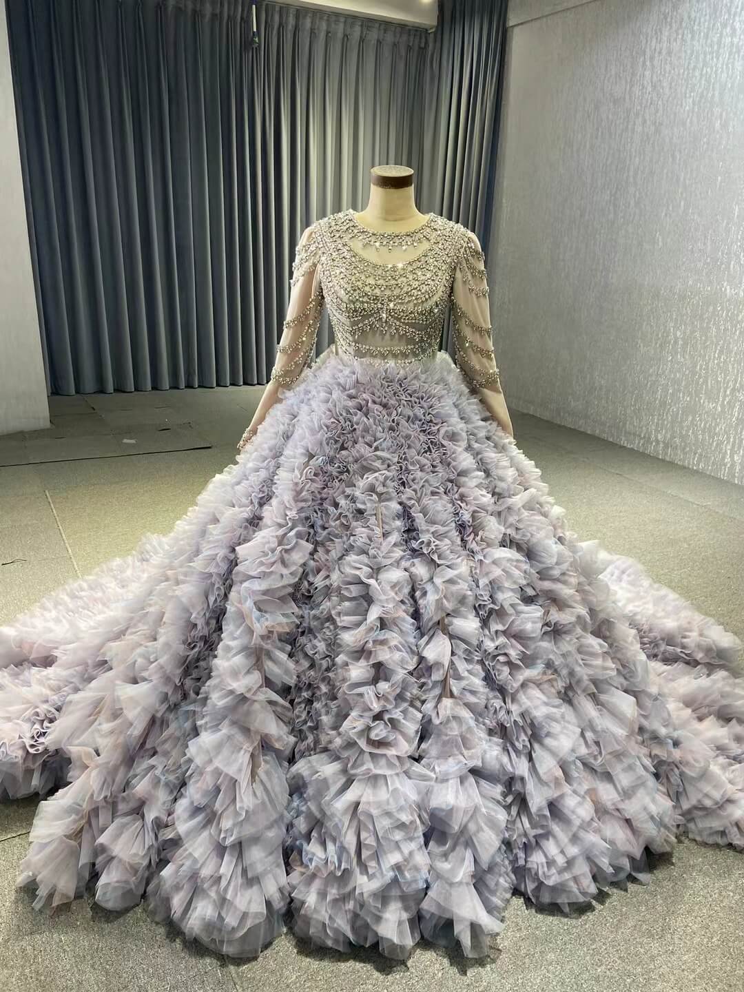 Lavender Ruffled Wedding Dress Ball Gowns with Rhinestone Bodice 222115 - ViniodressQuinceanera DressesLavenderCustom Size - Formal Dresses - Ball Gowns