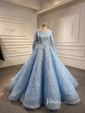 Light Blue Ball Gown Modest Long Sleeve Wedding Dress 66601 High Neck-Quinceanera Dresses-Viniodress-Light Blue-Custom Size-Viniodress