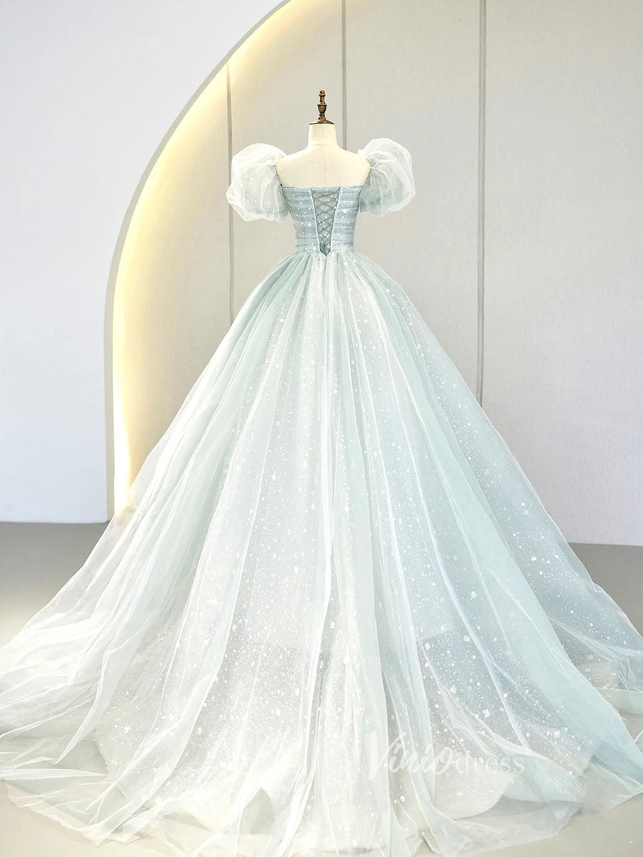 Prom Dress 2025 Light Blue Sparkly Tulle Prom Dresses Puffed Sleeve Ball Gown FD3213-unique prom dresses-Light Blue-Custom Size-Viniodress