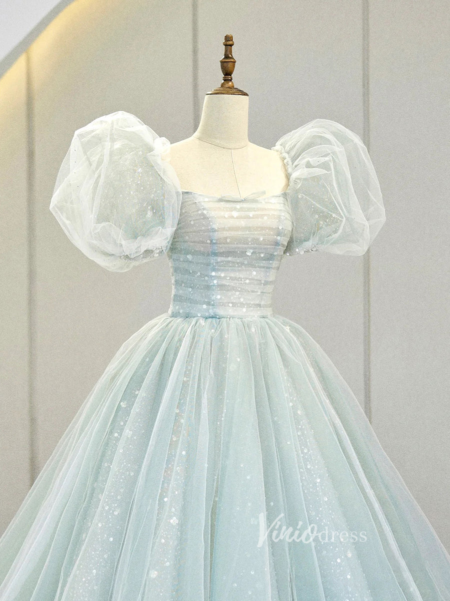 Prom Dress 2025 Light Blue Sparkly Tulle Prom Dresses Puffed Sleeve Ball Gown FD3213-unique prom dresses-Light Blue-Custom Size-Viniodress