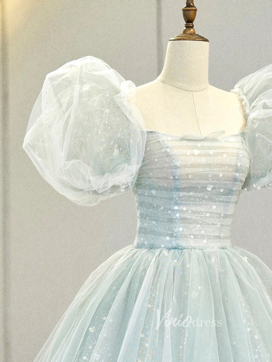 Prom Dress 2025 Light Blue Sparkly Tulle Prom Dresses Puffed Sleeve Ball Gown FD3213-unique prom dresses-Light Blue-Custom Size-Viniodress