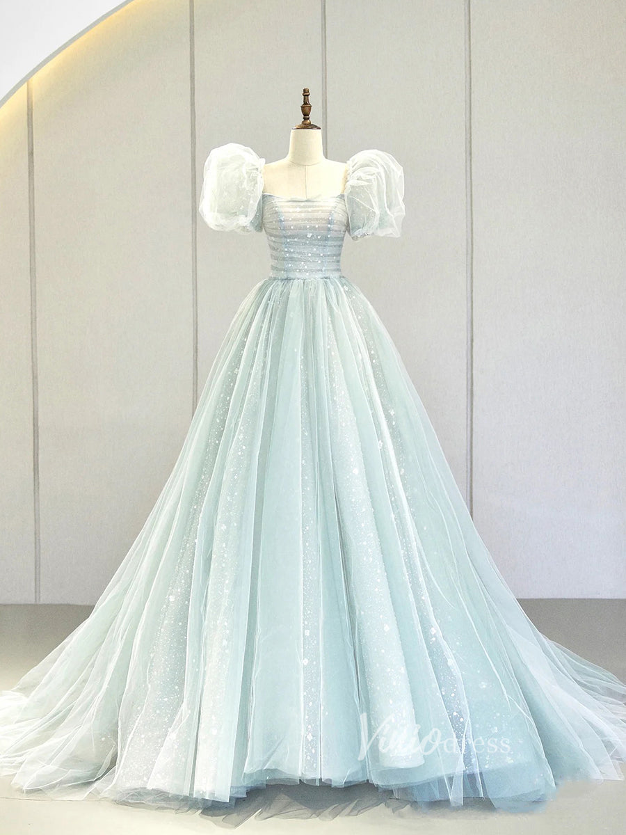 Prom Dress 2025 Light Blue Sparkly Tulle Prom Dresses Puffed Sleeve Ball Gown FD3213-unique prom dresses-Light Blue-Custom Size-Viniodress