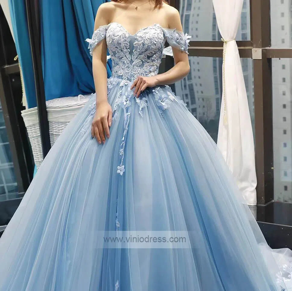 Prom Dress 2025 Light Blue Tulle Quince Dresses 3D Flower Off the Shoulder Cinderella Ball Gown 66706-unique Quinceanera Dresses-Light Blue-Custom Size-Viniodress