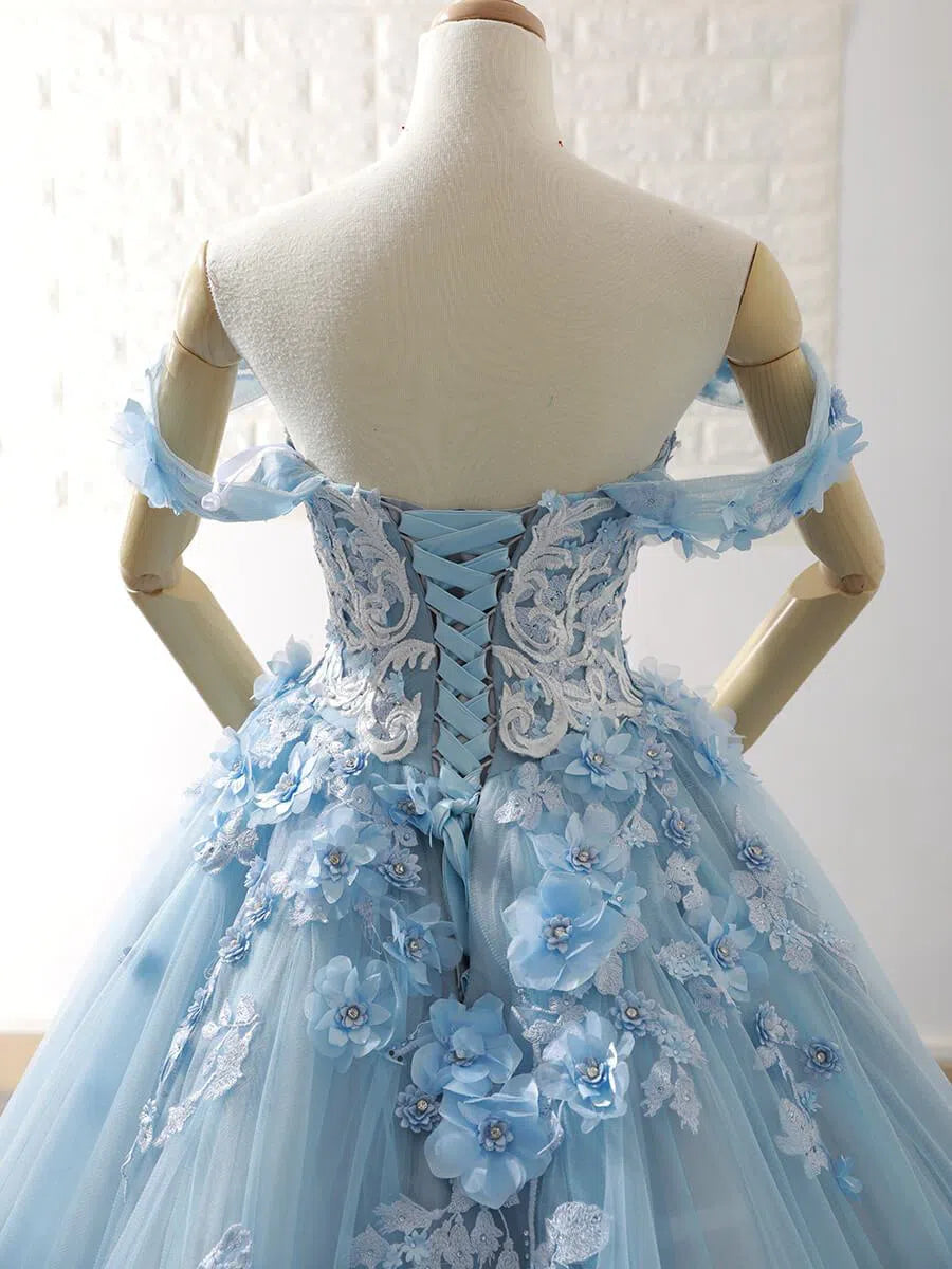 Prom Dress 2025 Light Blue Tulle Quince Dresses 3D Flower Off the Shoulder Cinderella Ball Gown 66706-unique Quinceanera Dresses-Light Blue-Custom Size-Viniodress