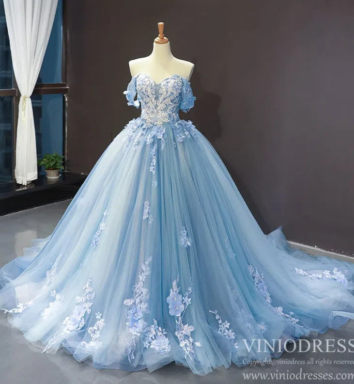 Prom Dress 2025 Light Blue Tulle Quince Dresses 3D Flower Off the Shoulder Cinderella Ball Gown 66706-unique Quinceanera Dresses-Light Blue-Custom Size-Viniodress