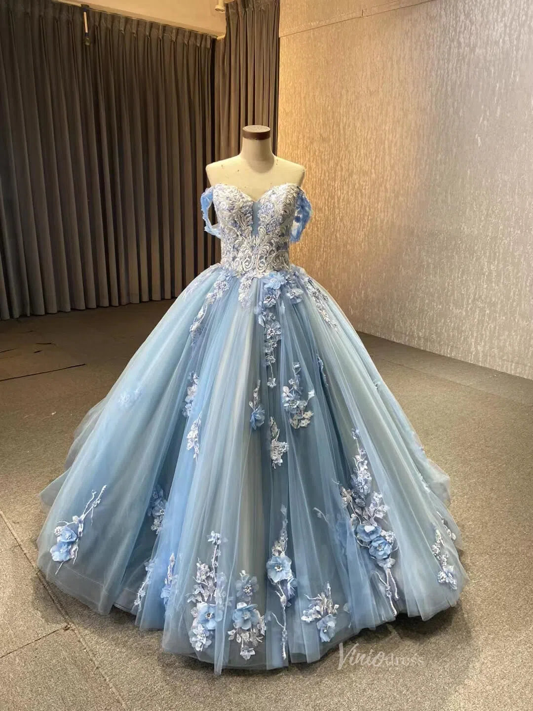 Prom Dress 2025 Light Blue Tulle Quince Dresses 3D Flower Off the Shoulder Cinderella Ball Gown 66706-unique Quinceanera Dresses-Light Blue-Custom Size-Viniodress