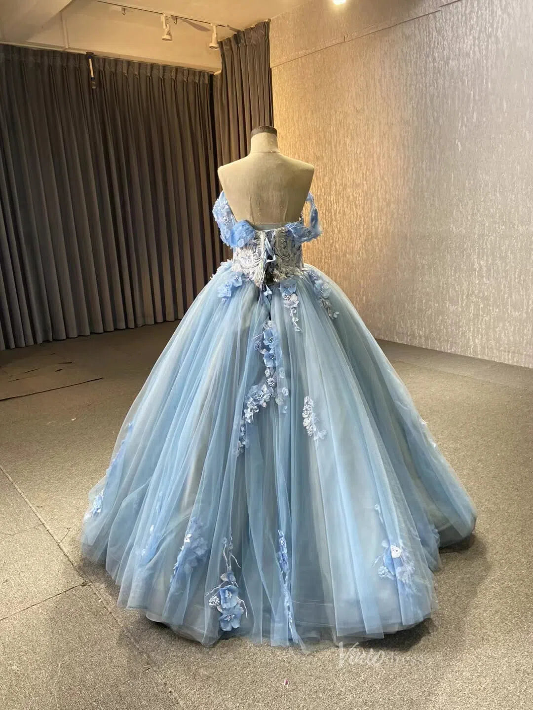 Prom Dress 2025 Light Blue Tulle Quince Dresses 3D Flower Off the Shoulder Cinderella Ball Gown 66706-unique Quinceanera Dresses-Light Blue-Custom Size-Viniodress