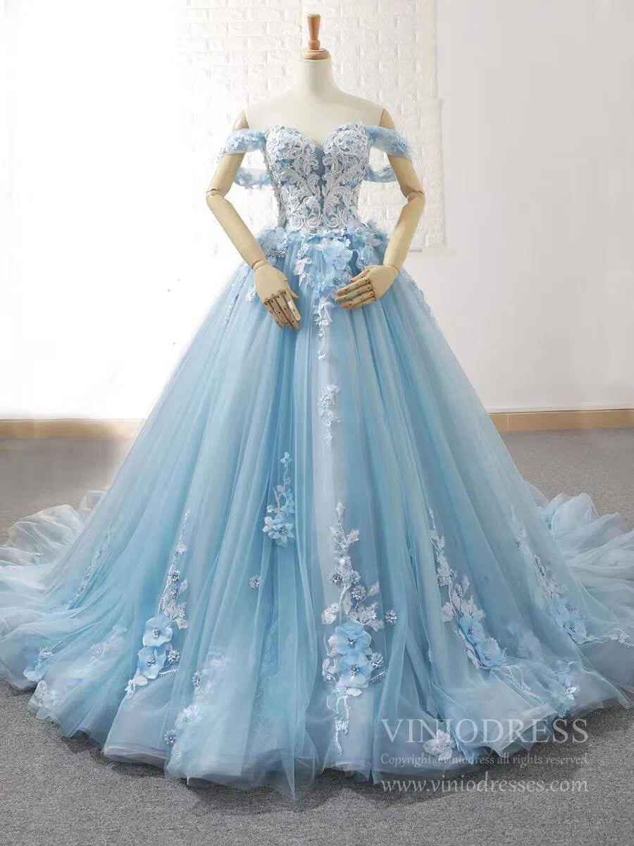 Prom Dress 2025 Light Blue Tulle Quince Dresses 3D Flower Off the Shoulder Cinderella Ball Gown 66706-unique Quinceanera Dresses-Light Blue-Custom Size-Viniodress