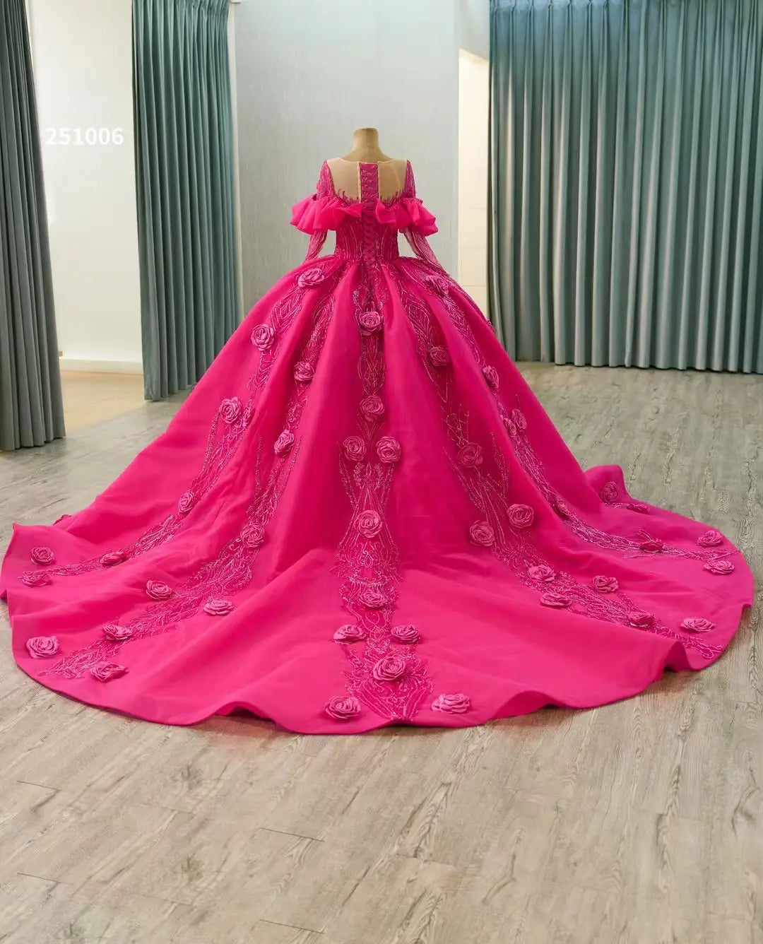 Long Sleeve Fuchsia Quinceanera Dress Rosette Flower Debutante Gowns 251006 - ViniodressQuinceanera DressesFuchsiaCustom Size - Formal Dresses - Ball Gowns