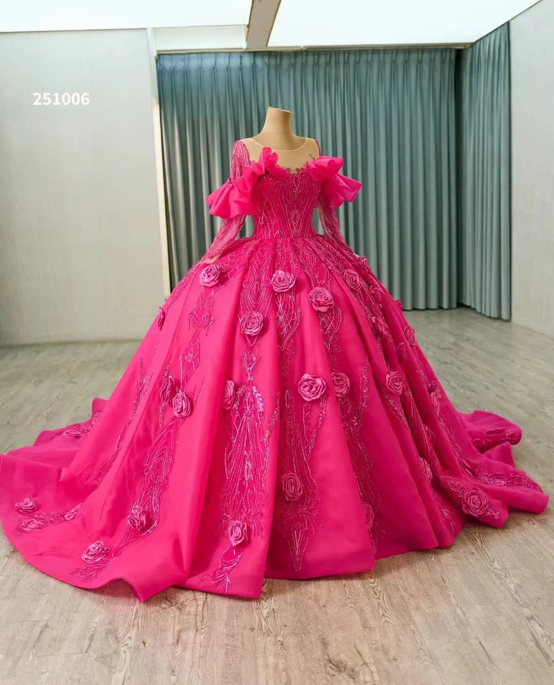 Long Sleeve Fuchsia Quinceanera Dress Rosette Flower Debutante Gowns 251006 - ViniodressQuinceanera DressesFuchsiaCustom Size - Formal Dresses - Ball Gowns