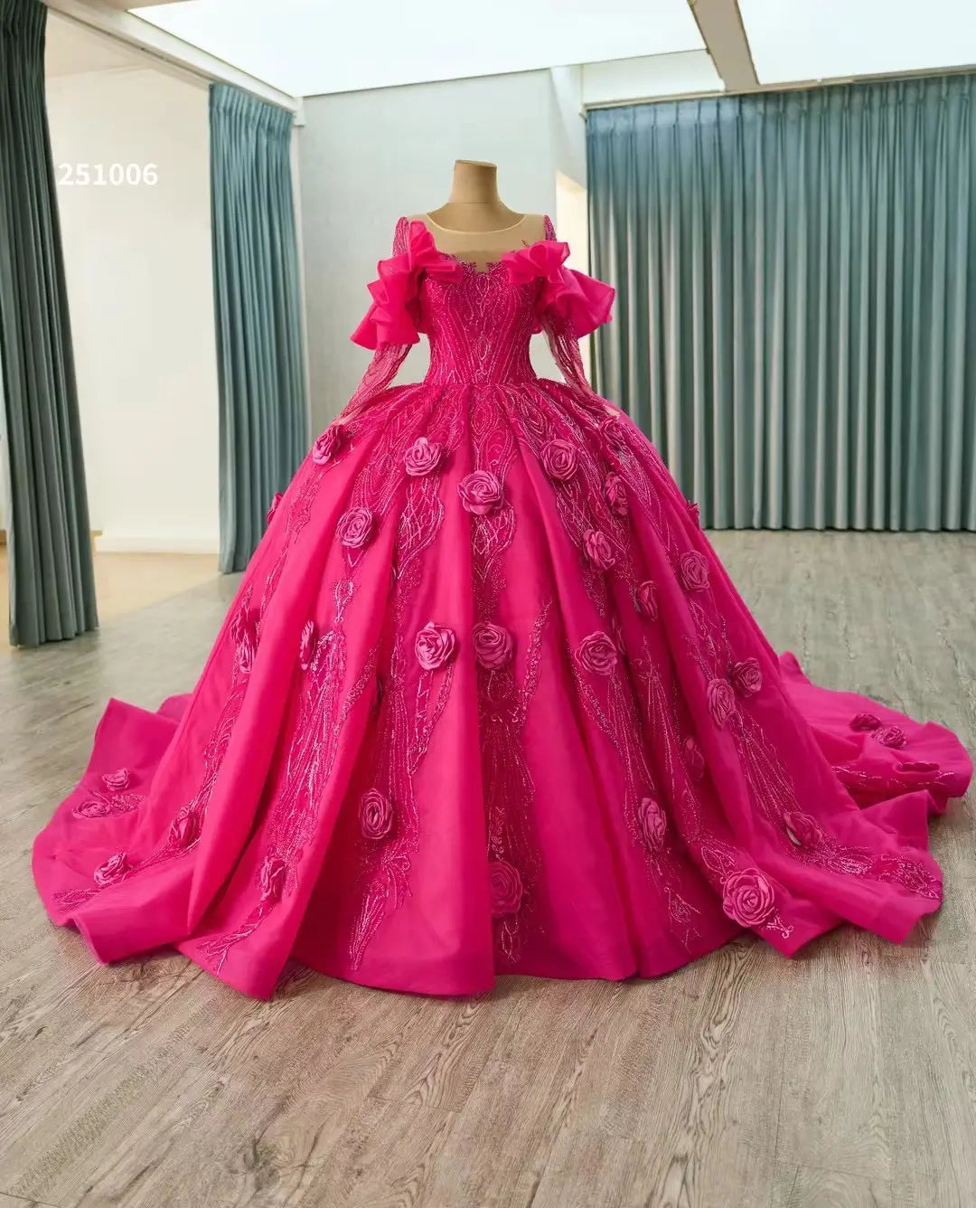 Long Sleeve Fuchsia Quinceanera Dress Rosette Flower Debutante Gowns 251006 - ViniodressQuinceanera DressesFuchsiaCustom Size - Formal Dresses - Ball Gowns