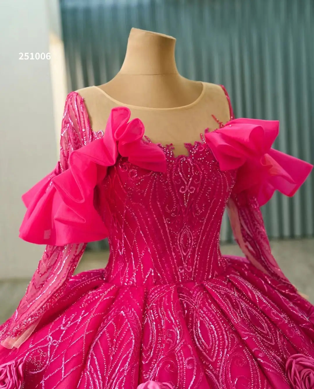 Long Sleeve Fuchsia Quinceanera Dress Rosette Flower Debutante Gowns 251006 - ViniodressQuinceanera DressesFuchsiaCustom Size - Formal Dresses - Ball Gowns