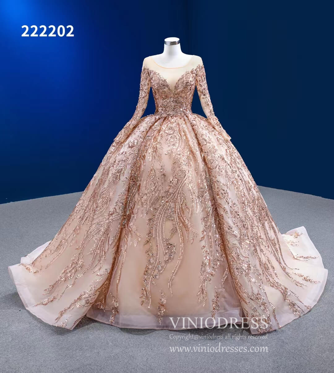 Long Sleeve Sequin Ball Gowns Rose Gold Wedding Dresses 222202-Quinceanera Dresses-Viniodress-Viniodress