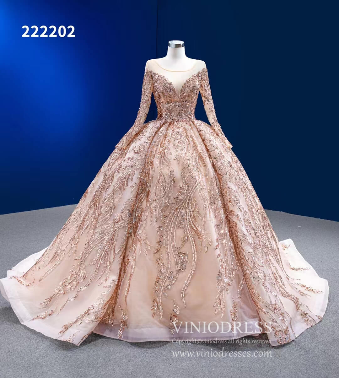 Long Sleeve Sequin Ball Gowns Rose Gold Wedding Dresses 222202-Quinceanera Dresses-Viniodress-Viniodress