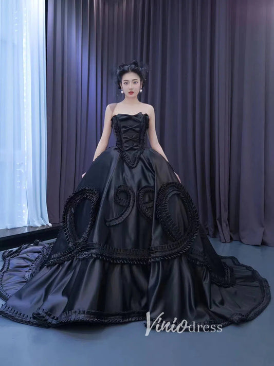 Luxury Black Wedding Dresses Strapless Ruffled Satin Ball Gowns 67568-Quinceanera Dresses-Viniodress-Viniodress