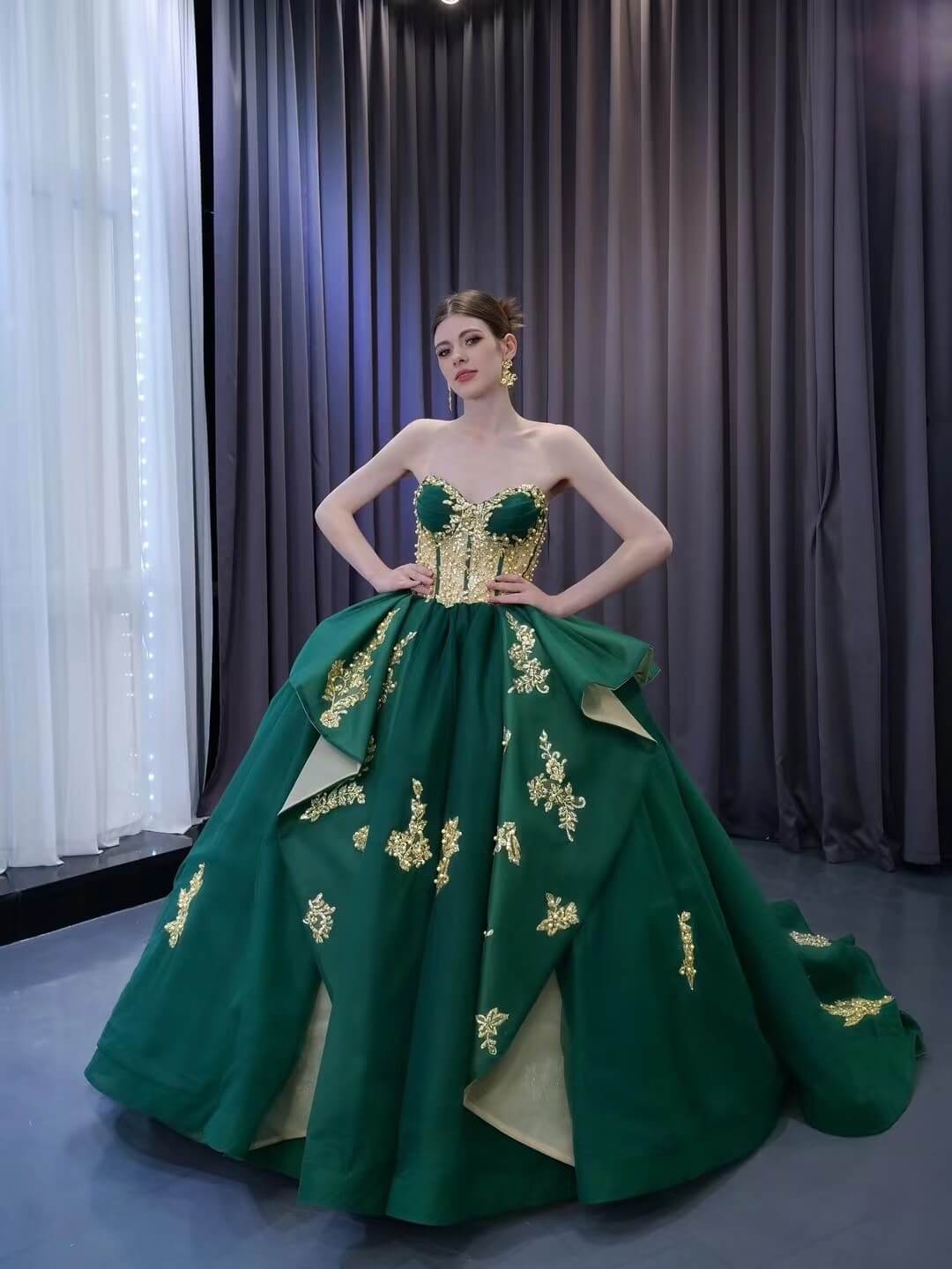 Luxury Green Wedding Dresses Plus Size Gold Lace Appliqued Ball Gowns 231030 - ViniodressQuinceanera DressesGreenCustom Size - Formal Dresses - Ball Gowns